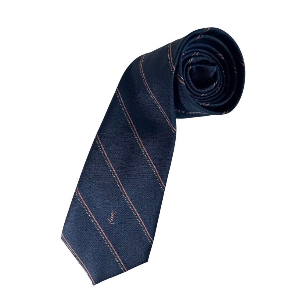 YVES SAINT LAURENT MENS SILK NECKTIE NAVY BLUE STRIPPED DETAIL YSL MONOGRAM